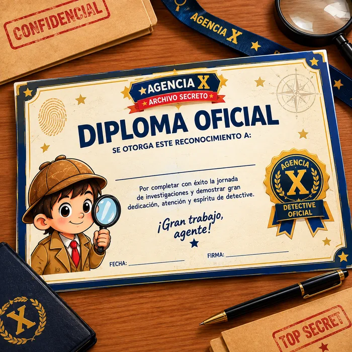 Diploma Oficial de detective para completar con el nombre del alumno