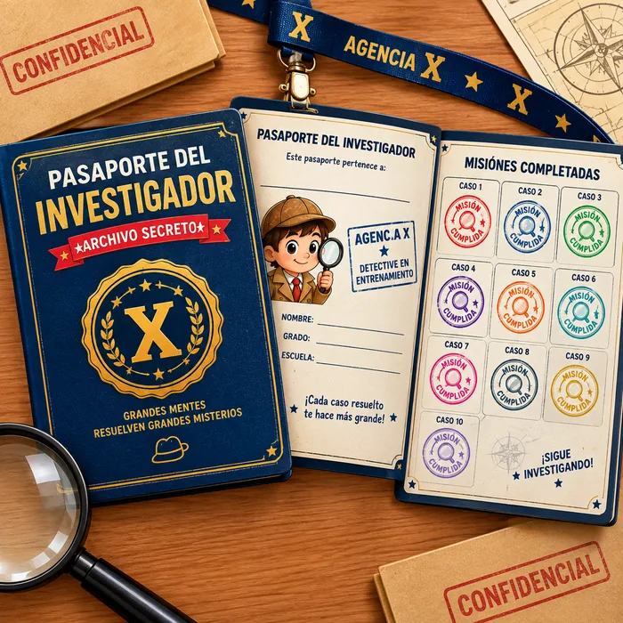 Pasaporte del Investigador con casillas para sellar cada misión cumplida