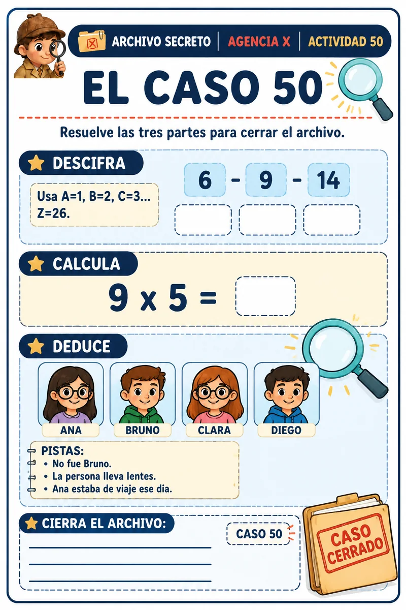 Actividad El Caso 50 — descifrar, calcular y deducir para cerrar el archivo
