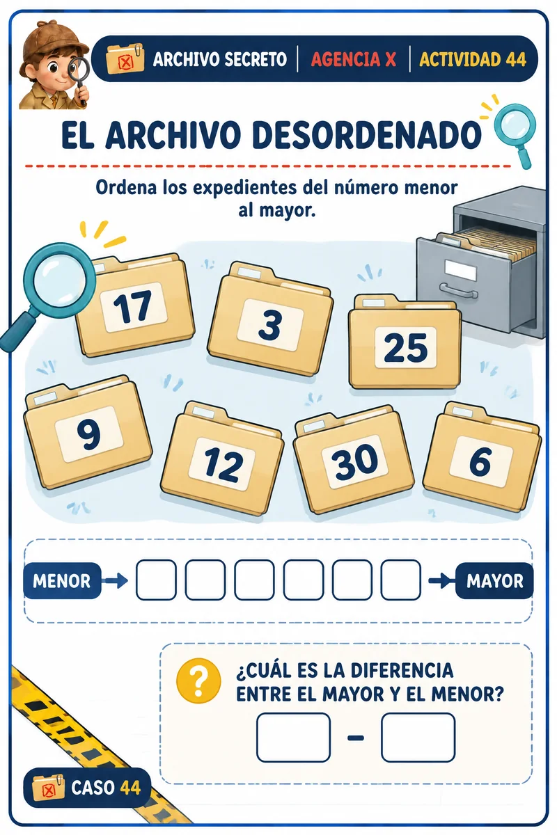 Actividad El Archivo Desordenado — ordenar los expedientes del número menor al mayor