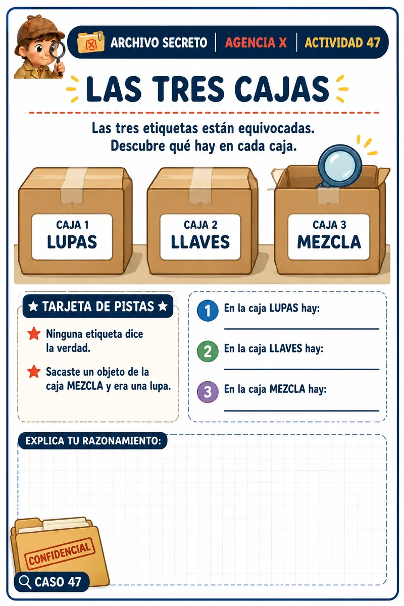 Actividad Las Tres Cajas — las tres etiquetas están equivocadas, descubrir qué hay en cada una
