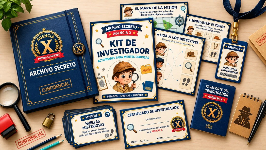 Kit completo del Archivo Secreto: 80 casos, credencial, pasaporte y diploma